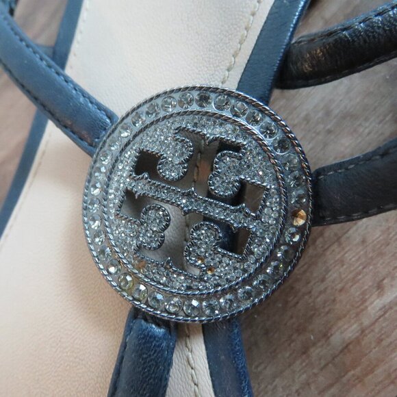 TORY BURCH Liana Flat Jewel Embellished Leather Thong Sandals in Blue Sz US 7.5 - Picture 4 of 15